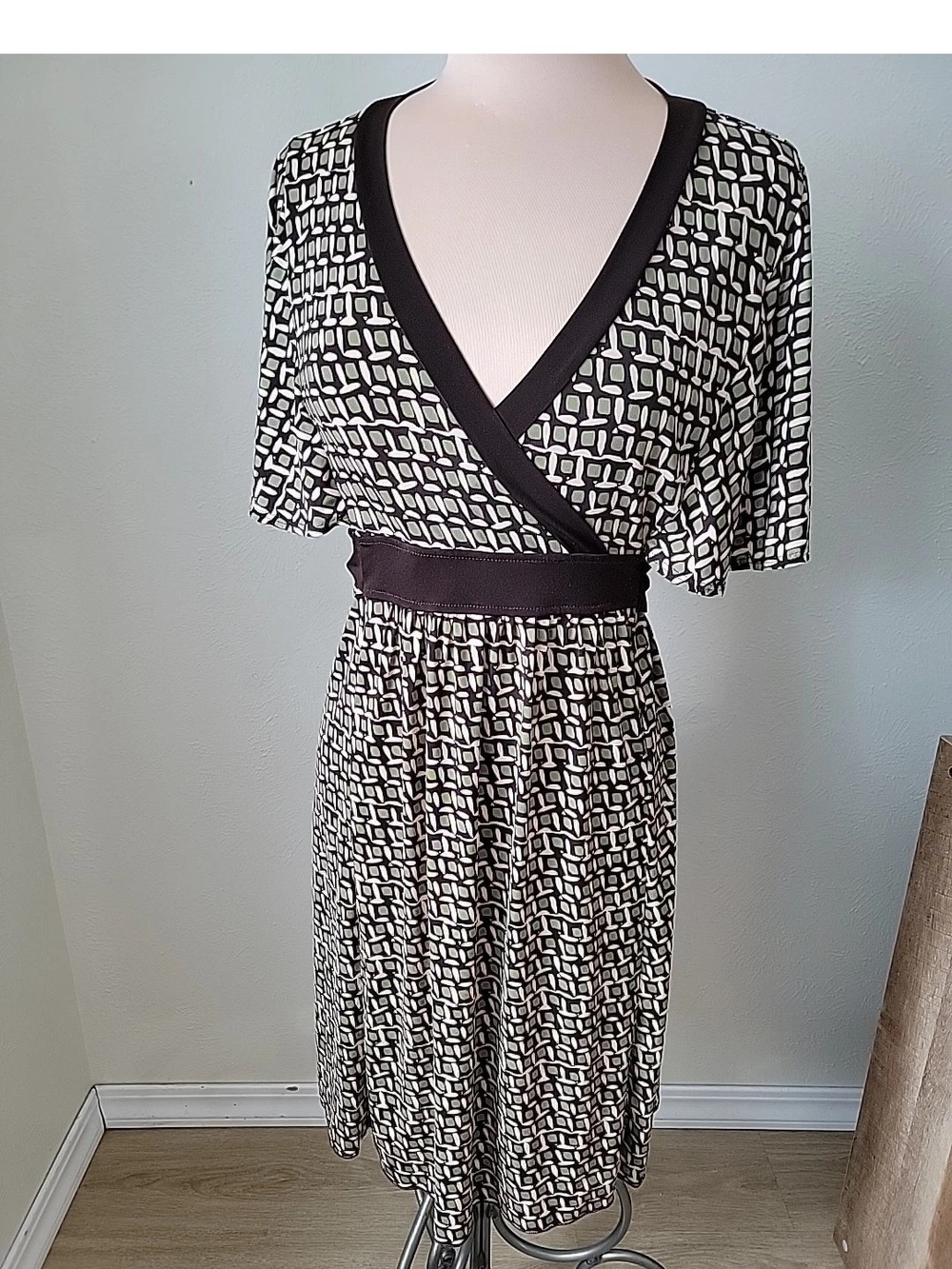 Y2k Faux Wrap Baby Doll Stretch Midi Dress With Tie Back Brown Green Fall Print